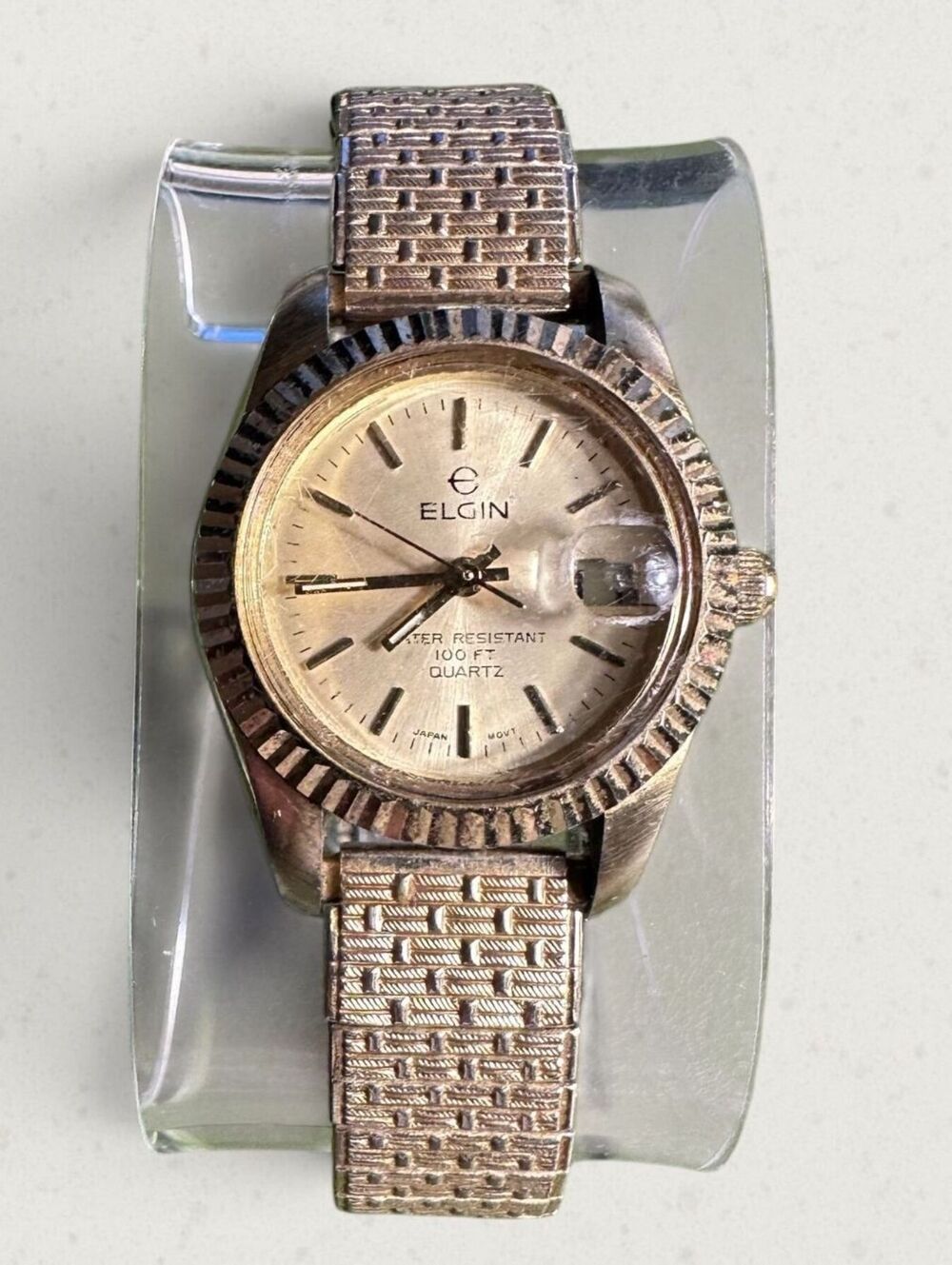 Elgin Womens Gold Tone Date Magnifier Stretch Watch New Battery EC 400 012